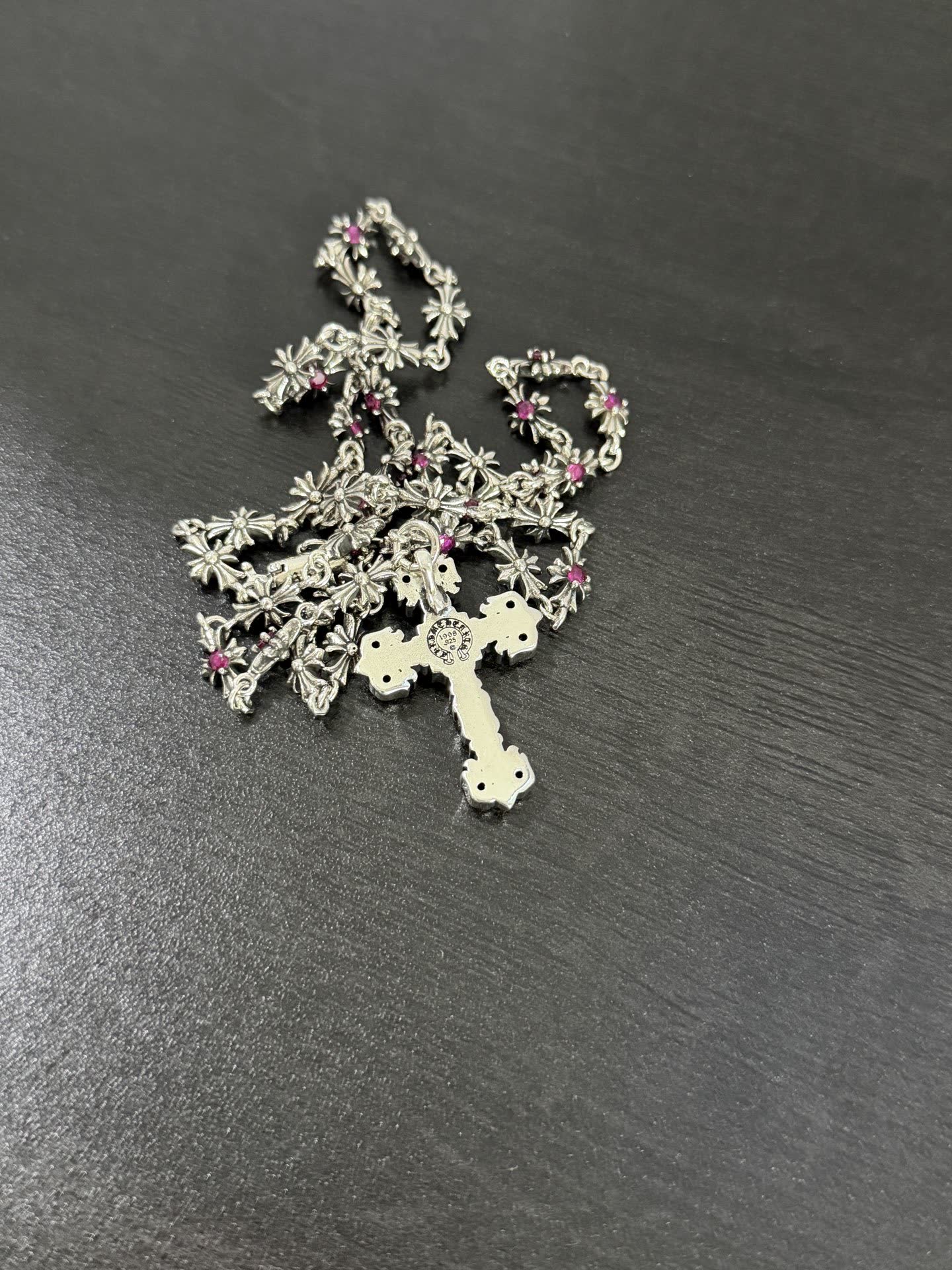 Chrome Hearts Silver Cross Pendant with Pink Stones